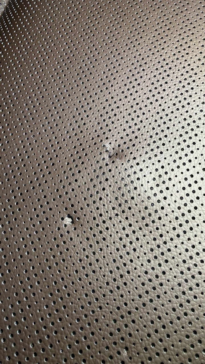 Perforated leather panel, torn