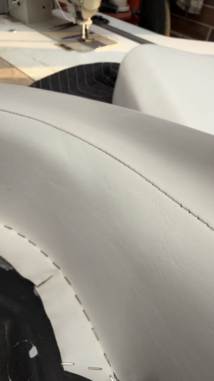 Marine vinyl panel pinned and stitched on the bench